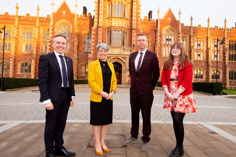 Ryan Feeney, Clare Bailey, Malachai O'Hara and Aine Groogan by the Lanyon