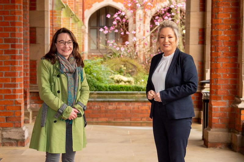 Prof Katy Hayward and Michelle O'Neill MLA, in the Cloisters