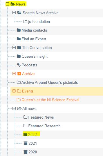 Image of news folders in the CMS