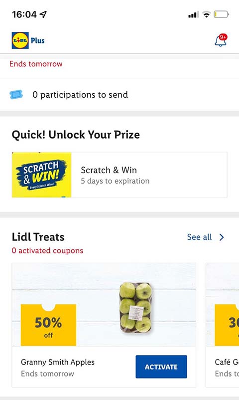 Lidl app showing savings and offers