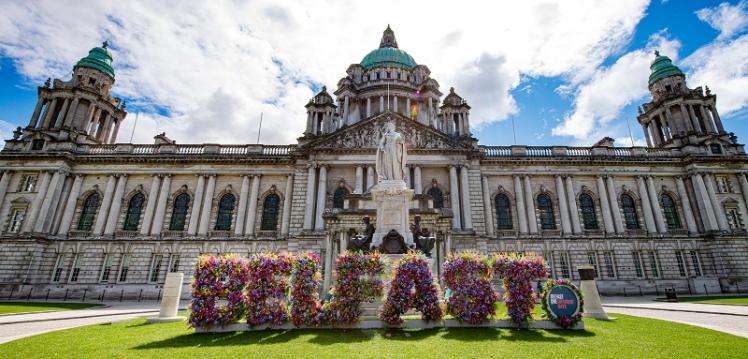 Belfast City Hall Flower installation spelling Belfast