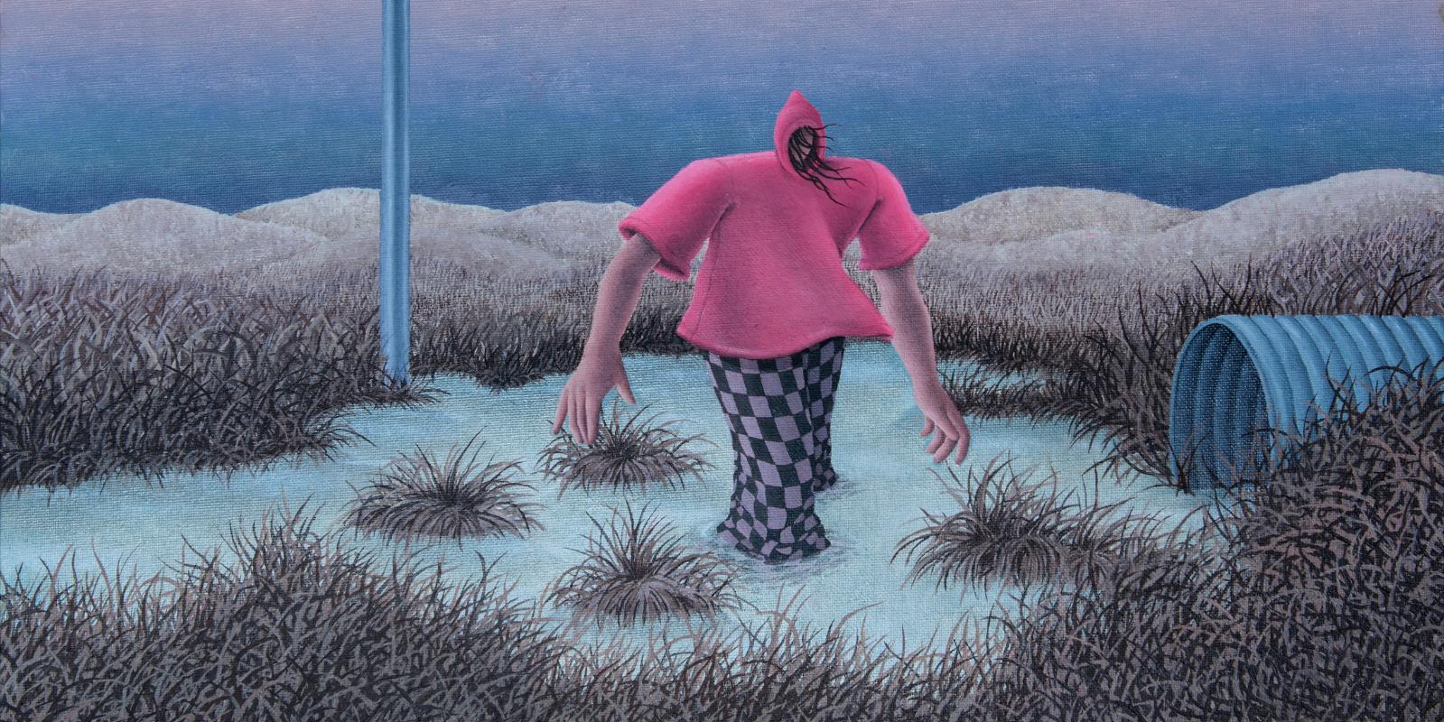 drawing of distorted figure in a swamp with a pink hoodie and check trousers.