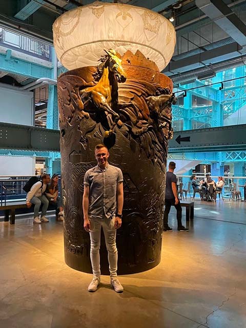 Patrick with a giant pint of Guinness with horses coming out of it, Guinness Storehouse Dublin