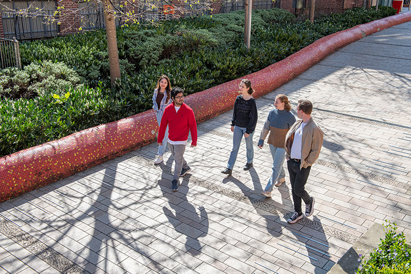 High shot of group of students walking up the right hand side of the Lanyon