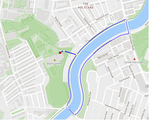 Map showing a route by the river