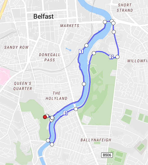 Map showing a route by the river
