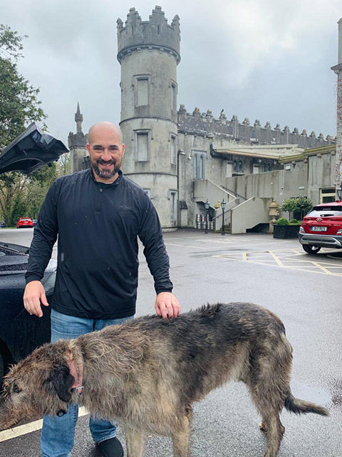 Tessa's dad and Molly the Irish wolfhound at Ballyseedy Castle