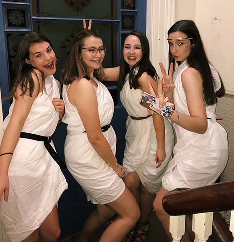 Kathryn and friends at a toga party