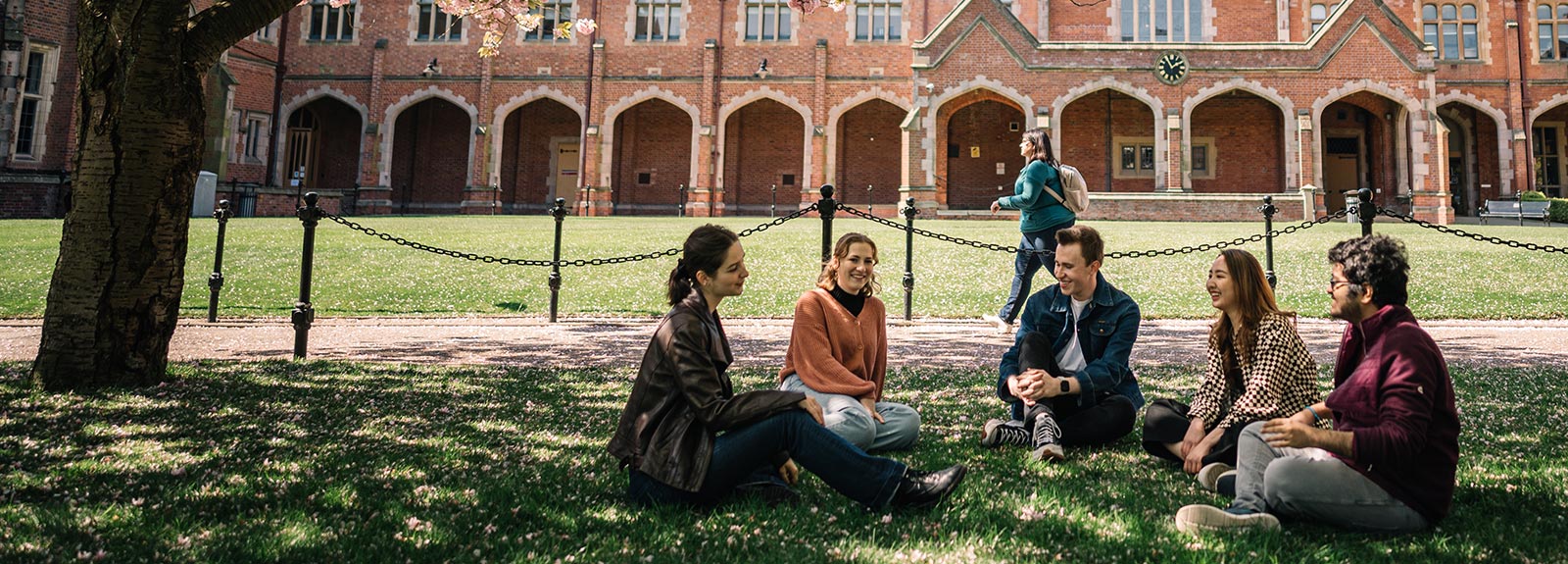 Students sitting under cherry blossom