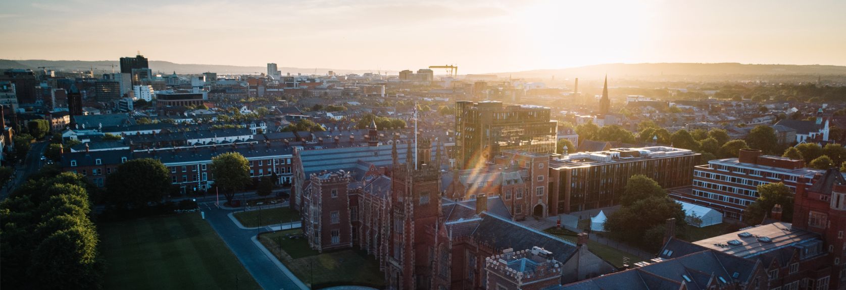 A drone view of the Lanyon building at Queen's