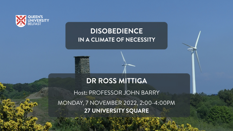 COP27 event slide: Disobedience, turbine against blue sky