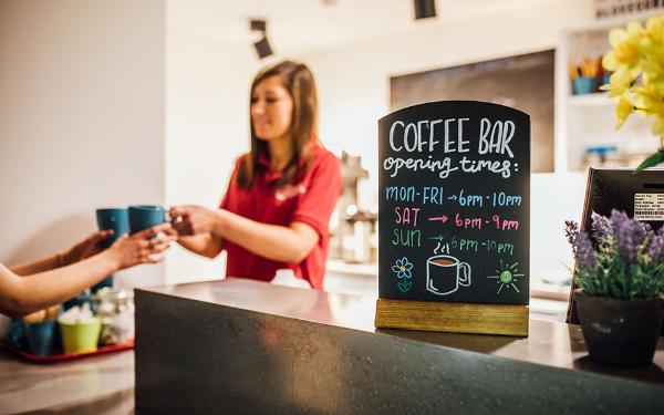 Enjoy free tea and coffee at the Coffee Bar