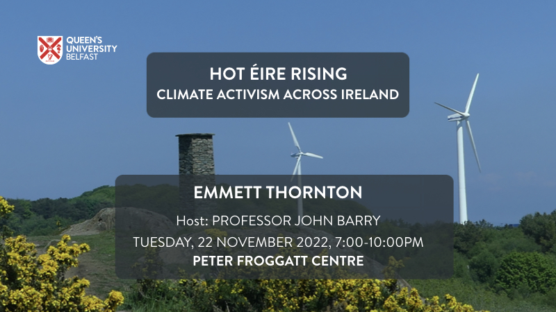 COP27 event slide: Hot Eire Rising; image: turbine and gorse against blue sky