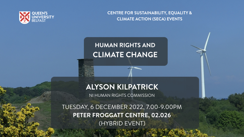 Human Rights and Climate slide. Image: turbine on blue sky with gorse