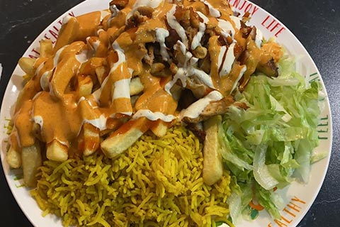 Chips, rice and salad