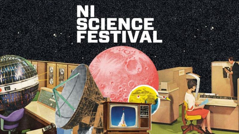 NI Science Festival words on a space themed background