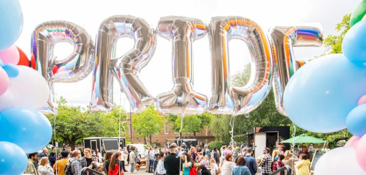 Pride balloons at Elmwood Hall