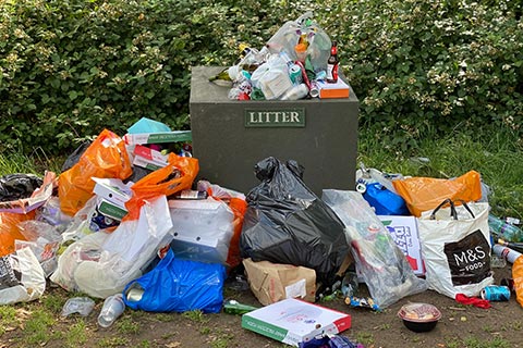 Rubbish round a bin