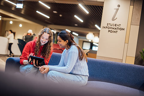 Students at the info point, One Elmwood