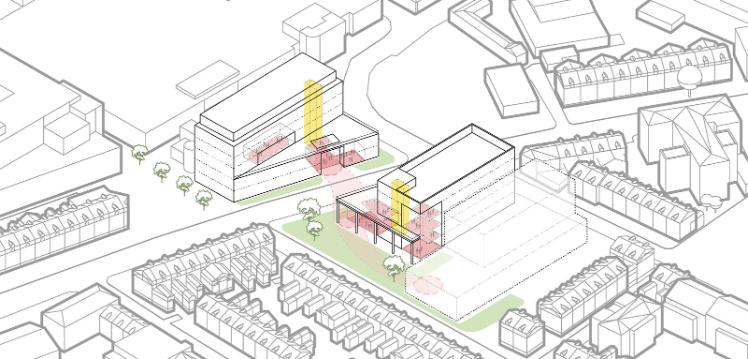 technical sketch of a building in two parts, across a road surrounded by houses and trees