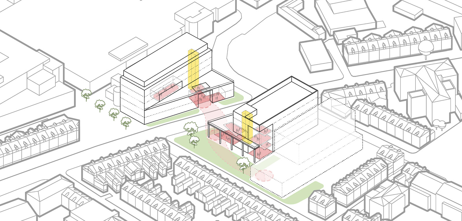 technical sketch of a building in two parts, across a road surrounded by houses and trees