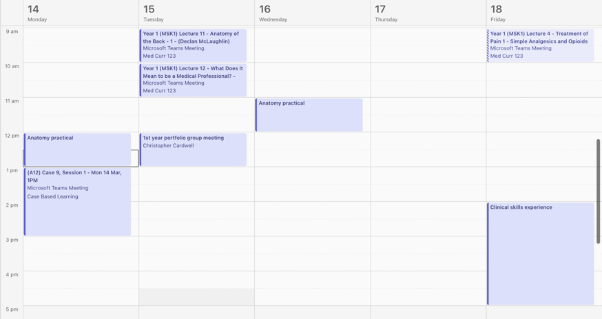 Sample timetable for a medical student