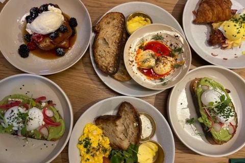 Neighborhood cafe table of food