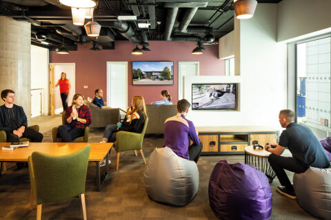 Students talking in accommodation setting