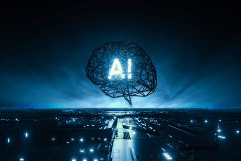 3d render with AI letters glowing in black grid brain over futuristic tech city