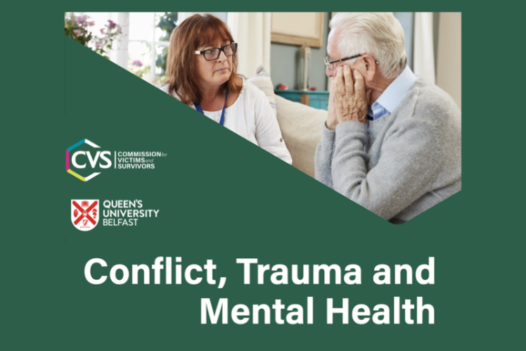 Conflict, Trauma and Mental Health Report cover image of grey haired man in conversation with woman