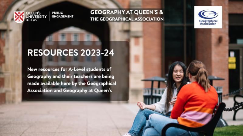 Students on a bench in the Quad. Title slide for Geography series