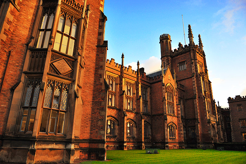 Close up of Lanyon building with blue sky and sun setting