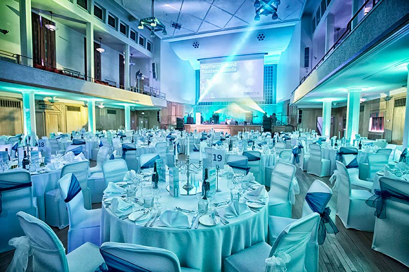 An image of a gala dinner taking place at the Whitla Hall, Queen's University Belfast