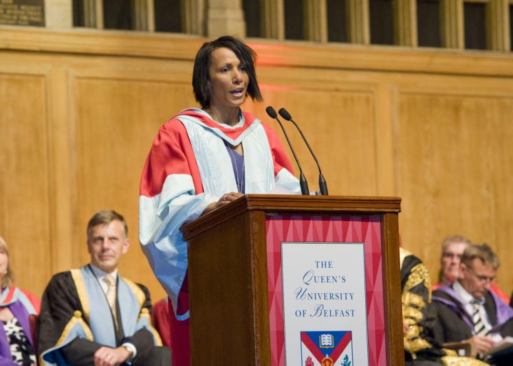 double Olympic gold medallist, Dame Kelly Holmes, giving a speech after accepting her honorary degree from Queen's University Belfast