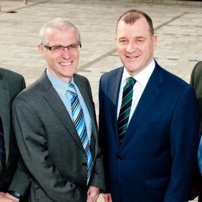 Pictured (L-R); Prof John Turner and Prof Ciaran Connolly, QUB Management School, pictured alongside Patrick Nelson, Irish Football Association and John Poole, KPMG Partner