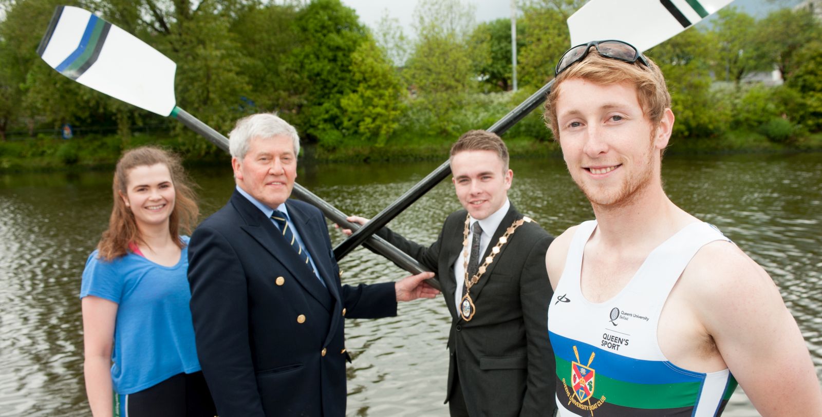 Launching 2016 University Boat Race at Queen’s new £1.2M Boathouse on the River Lagan are Deputy Lord Mayor of Belfast Alderman Guy Spence, Ellie Holmes, Captain, Queen’s Senior Ladies and Jason Armstrong, Captain, Queen’s Senior Men’s crew, along with Des Hill, Past President of Trinity Rowing Club.