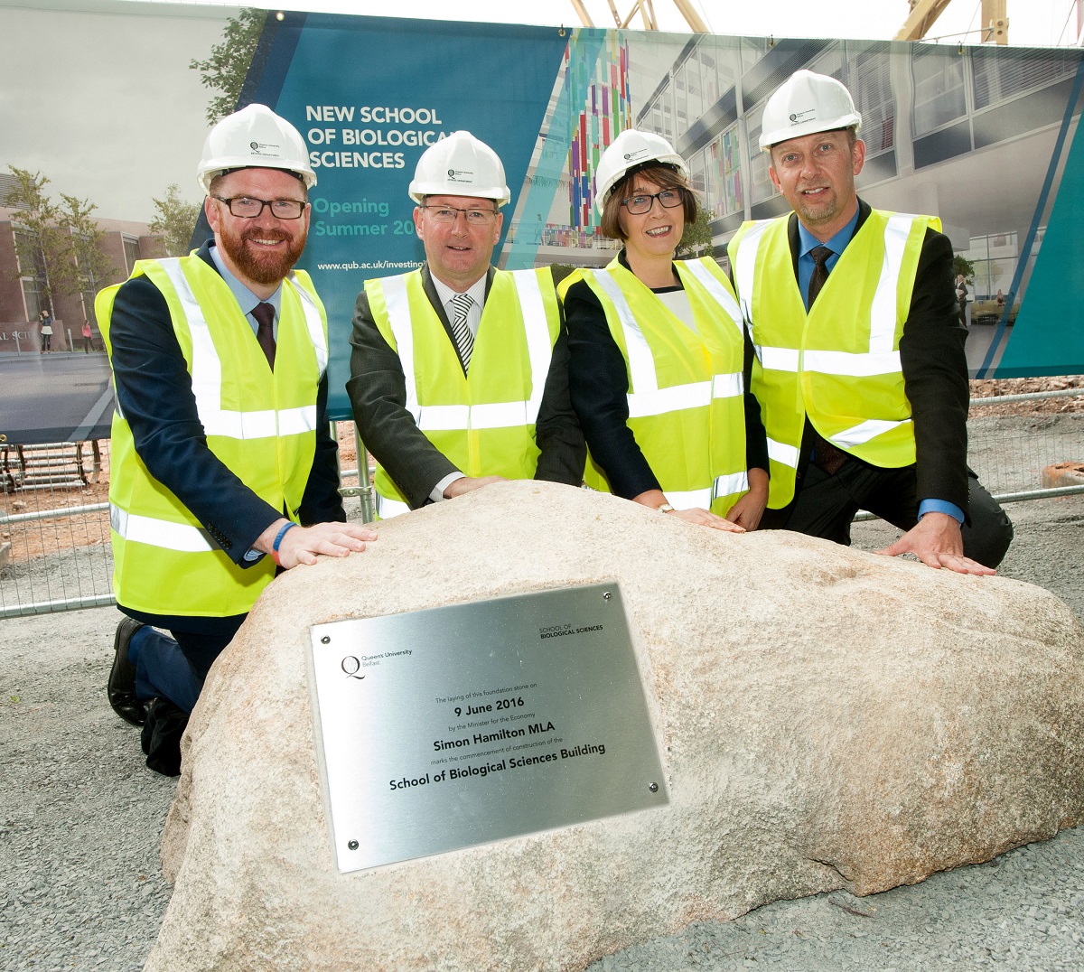 (L to R): Minister for the Economy, Simon Hamilton; Professor Aaron Maule, Head of Queen’s School of Biological Sciences; Queen’s Vice-Chancellor, Professor Patrick Johnston and Wendy Galbraith, Queen’s Director of Finance.