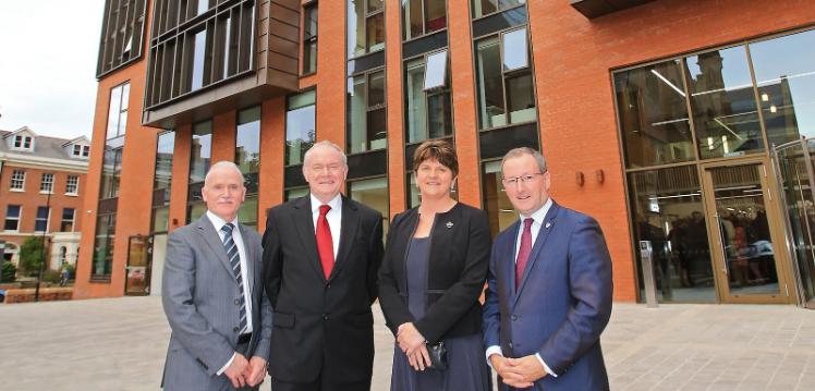 Queen’s School of Law opening: Registrar and Chief Operating Officer James O’Kane, deputy First Minister Martin McGuinness, the First Minister Arlene Foster and Queen’s Vice-Chancellor Professor Patrick Johnston