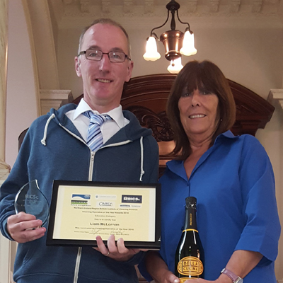Liam McLornan won the N. Ireland award for best cleaning operative in Education, at The British Institute of Cleaning Science awards, with supervisor Carol Clarke