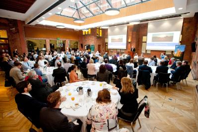 Guests listen to Professor McElnay’s welcome speech, in advance of Dr von Stamm’s presentation