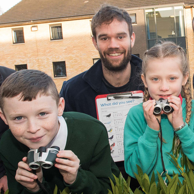 Pupils from Springhill Primary School and St Joseph’s Primary School in Belfast joined RSPB and Queen's staff at Elms Village for the Big Birdwatch wildlife survery