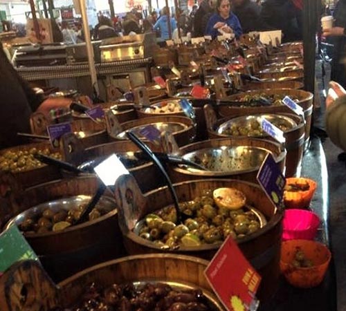 Olives and tapas stand at Saint Georges Market