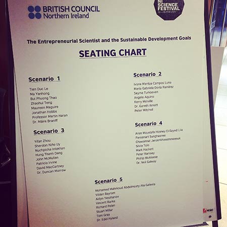 Seating chart for the Entreprenuerial Scientist and Sustainable development Goals event at the Northern Ireland Science Festival