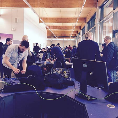 Setting up in the intel lab in the William Gates Building at Cambridge University