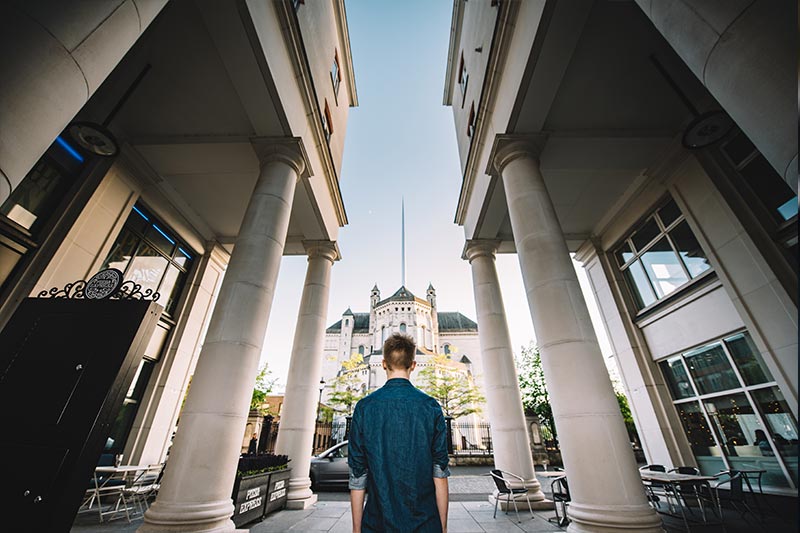 Will Hancock looking at Saint Anne's Cathedral, Belfast