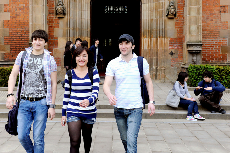 students walking out main entrance
