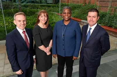 Ryan Feeney, Head of Public Engagement at Queen's University Belfast; Professor Nola Hewitt-Dundas, Queen's University Management School; Ursula Burns; and Declan Kelly, CEO of Teneo Holdings