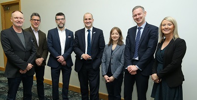 Speakers with QUB Research and Enterprise staff: Brian McCaul-Director of Innovation; Karis Hewitt-Head of Research Policy; Scott Rutherford-Director; and Joanne Mallon - Business Engagement Manager