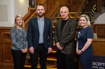 Mrs Joanne Mallon, Business Engagement Manager at Queen's University; Dr Adam Frost; Professor Joe Haslam; and Ms Karen McCallion, InterTradeIreland