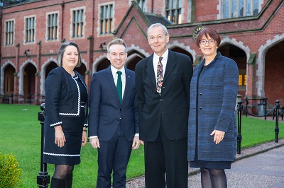 Frances Hill, Agent for Northern Ireland, Bank of England; Ryan Feeney, Head Public Engagement, QUB; Martin Taylor, Bank of England; Wendy Galbraith, Registrar, QUB.